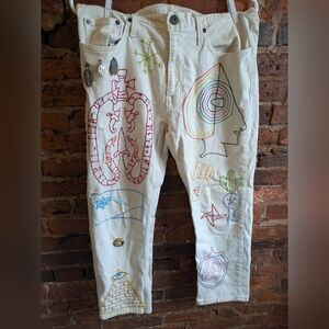 Hippie Psychedelic Schizo Embroidered White Jeans with Colorful Designs